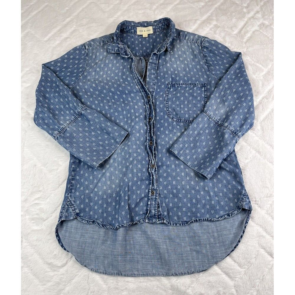 Cloth & Stone Shirt Women's (S) Blue Geometric Chambray Tencel Pocket Preppy - Picture 3 of 7